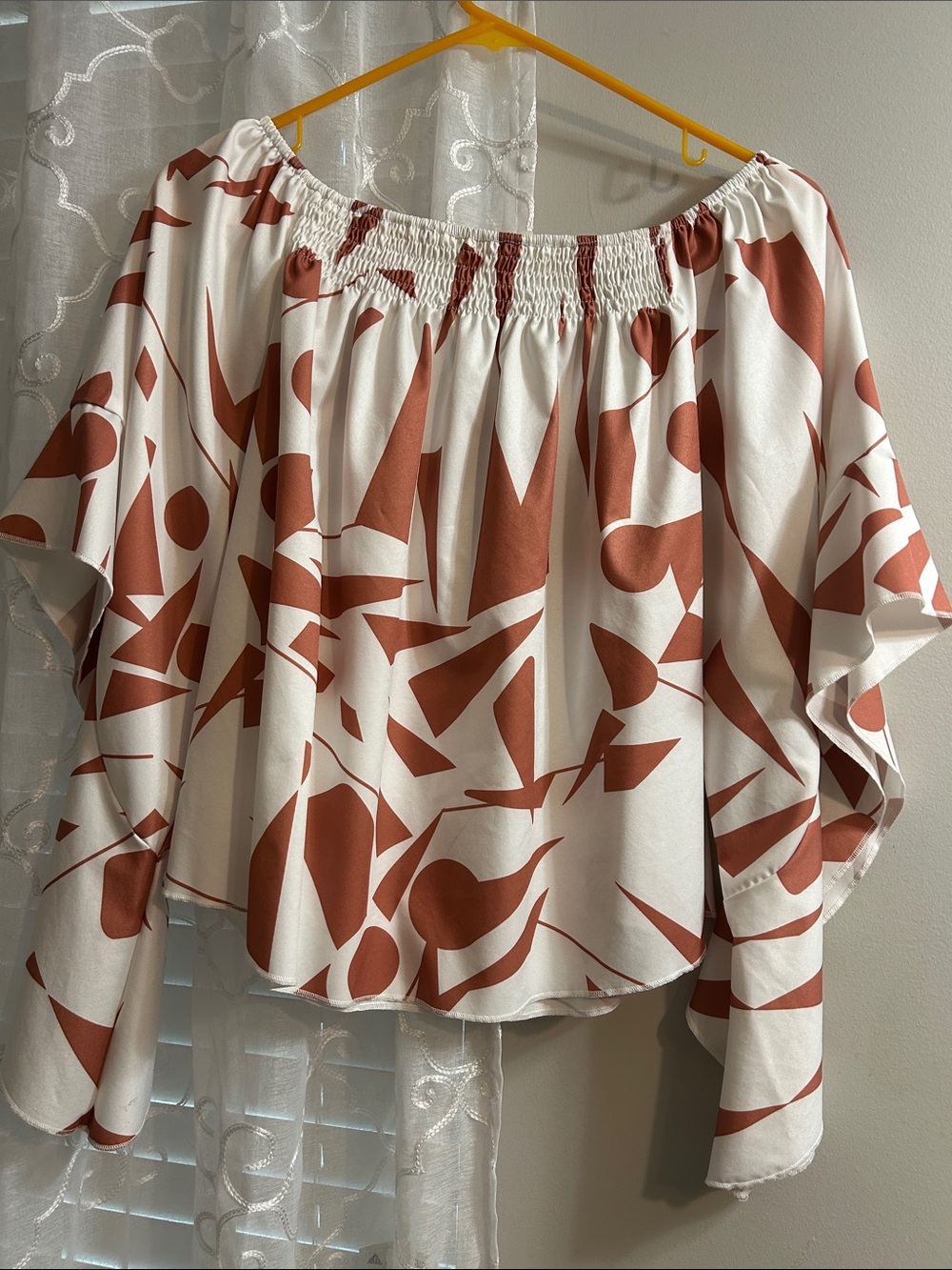 Abstract Rust & White Off-Shoulder Top
